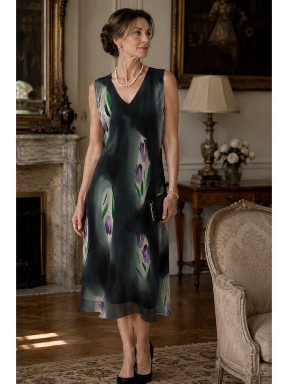 Simply Silk 100% Silk Floral Midi Dress L Purple Tulip Print Sleeveless Lined El